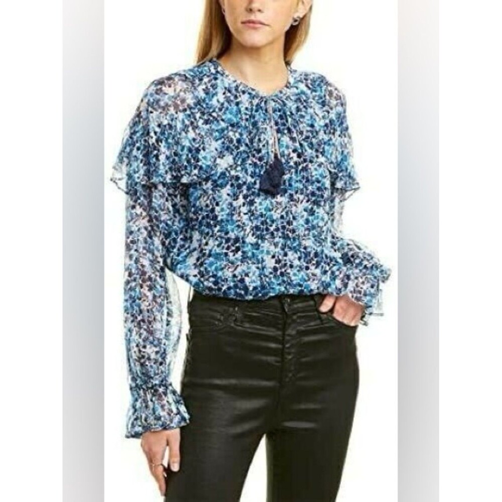 Ramy Brook Silk Celeste Peasant Blouse Teal Long Balloon Sleeve Flirty Sz XS